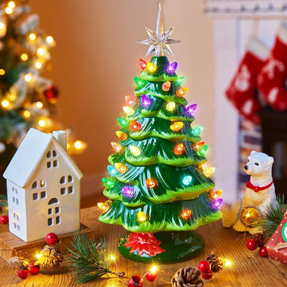 13 Inch Ceramic Christmas Tree, Pre-lit Tabletop Christmas Tree with Multicolored LED Lights and Star Topper, Battery Operated Vintage Lighted Ceramic Tree for Home Office Table Holiday Decorations