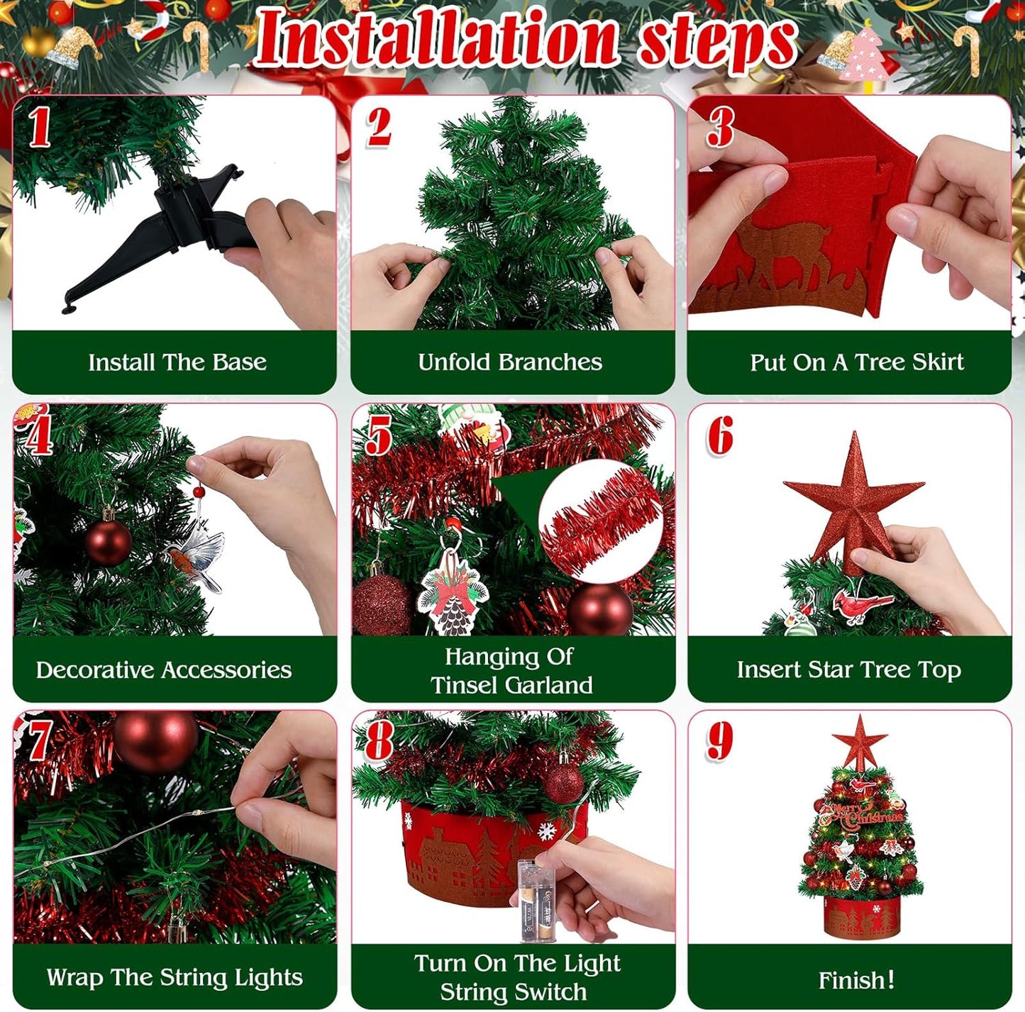 24 Inch Artificial Tabletop Mini Christmas Tree Green, Small Xmas Tree with String Lights and Ornaments for Home Desk Holiday DIY Christmas Decoration