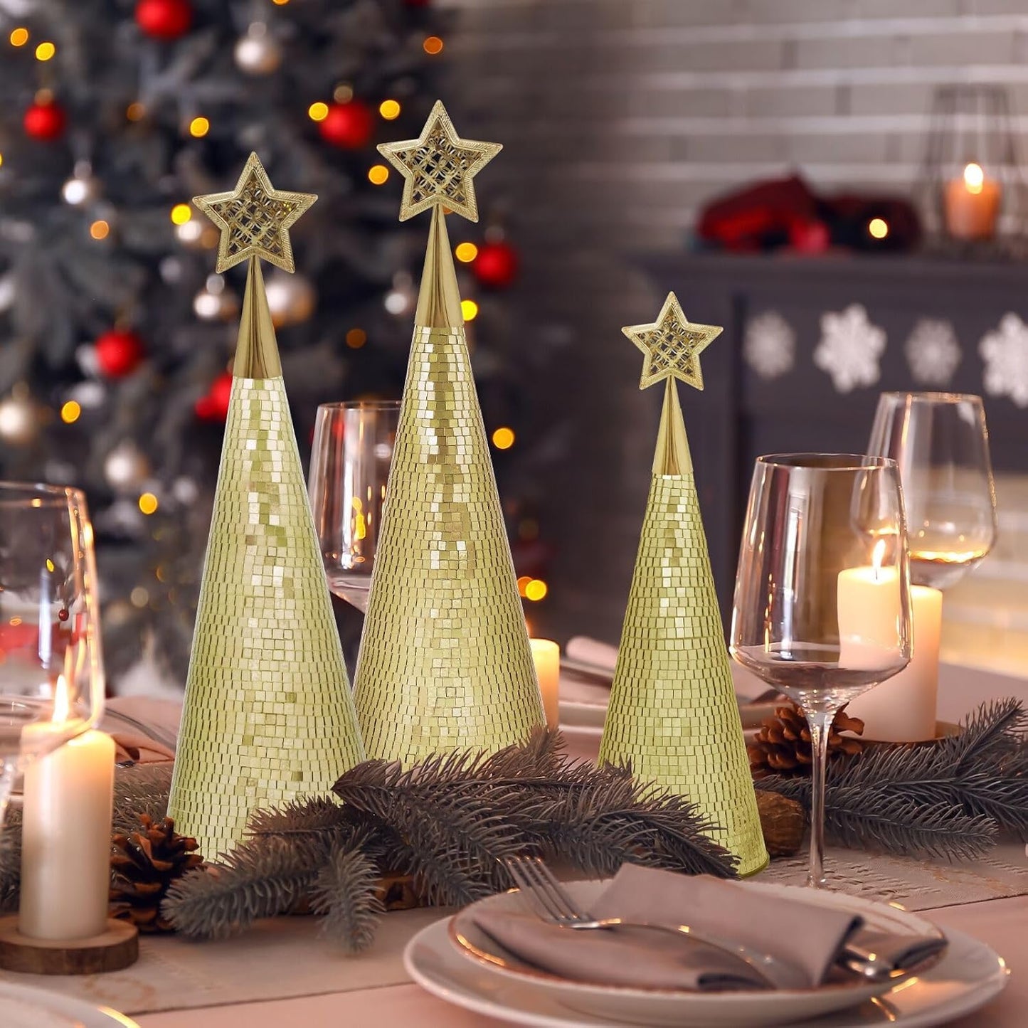 Gold Glass Trees Set of 6, 17" 15" 13" Small Tabletop Christmas Tree Handmade Disco Decor for Xmas Table Party Centerpiece Decoration