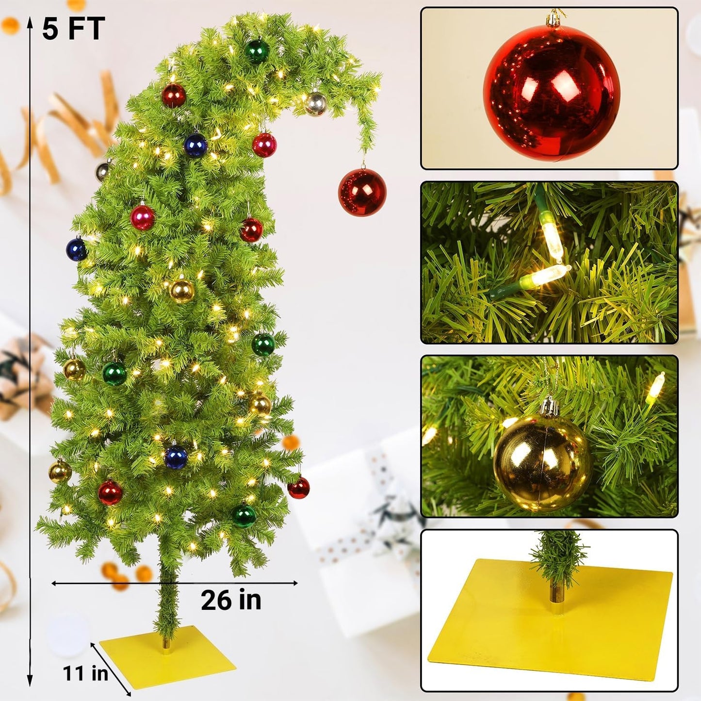 Juegoal 5 FT Artificial Christmas Tree, Pre-Lit Curved Shape Artificial Whimsical Xmas Tree with 150 LED Warm White Lights & Colorful Balls, 8 Lighting Modes Bendable Fake Pine Tree with Metal Base