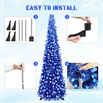 MACTING 5FT Christmas Tree with Lights, Easy-Assembly Pop Up Tinsel Tree, Glittery Collapsible Pnecil Tree for Home Holiday Party Winter Porch Apartment Indoor Outdoor Xmas Decor(Blue)