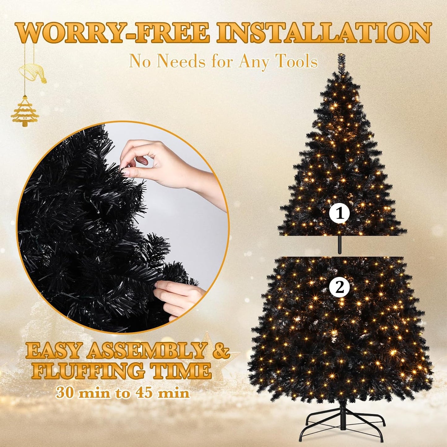 4.5 ft Prelit Artificial Christmas Tree with Lights Artificial Full Christmas Tree Xmas Tree with Metal Stand for Home Indoor and Outdoor Party Decorations(Black)