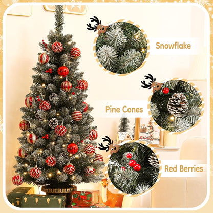 Decoway 4ft Christmas Tree Pre-Lit Artificial Mini Christmas Tree with Gold Pot Base, Flocked Snow 70 Warm White Led Lights Pine Cones Red Berries, for Entrances, Home Decorations Holiday Decor