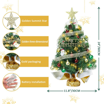 Small Mini Table top Christmas Tree with 50 LED Lights 24 Inch /2FT Little Prelit Christmas Tree Decorated Gift Boxes and Hanging Ornaments for DIY Christmas Decoration