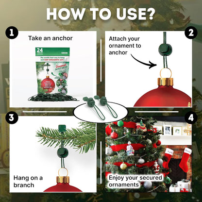 ORNAMENT ANCHOR Ornament Hooks for Hanging Christmas Decorations - No-Slip Hanging Hooks for Xmas - Heavy Duty Christmas Tree Ornaments Hanger Hooks for Small & Large Ornaments (Green, 24 Count)
