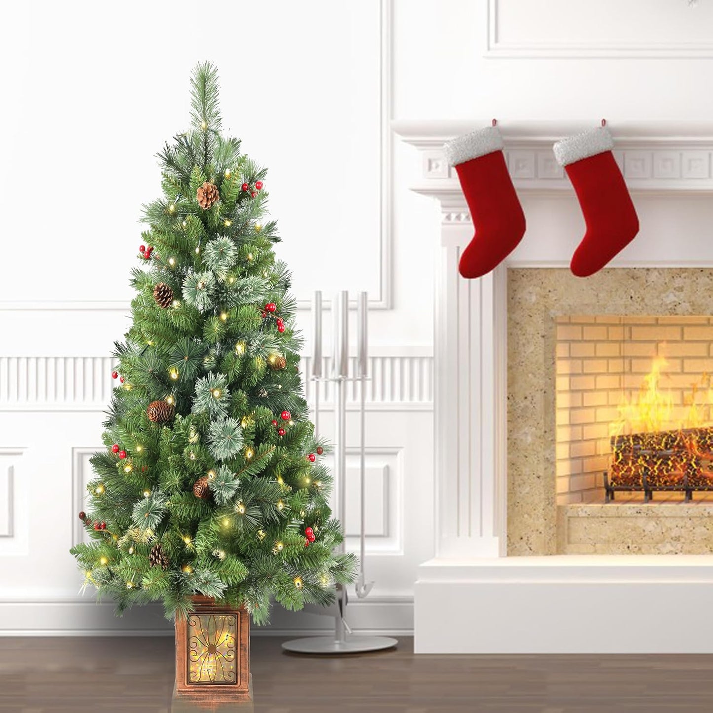 4ft Pre-lit Christmas Tree,Artificial Pine Potted Xmas Tree 256 Branches Tips,Decoration with 100 LED Lights & 12 Red Berries & 12 Pinecone for Home or Office