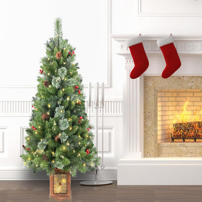 4ft Pre-lit Christmas Tree,Artificial Pine Potted Xmas Tree 256 Branches Tips,Decoration with 100 LED Lights & 12 Red Berries & 12 Pinecone for Home or Office