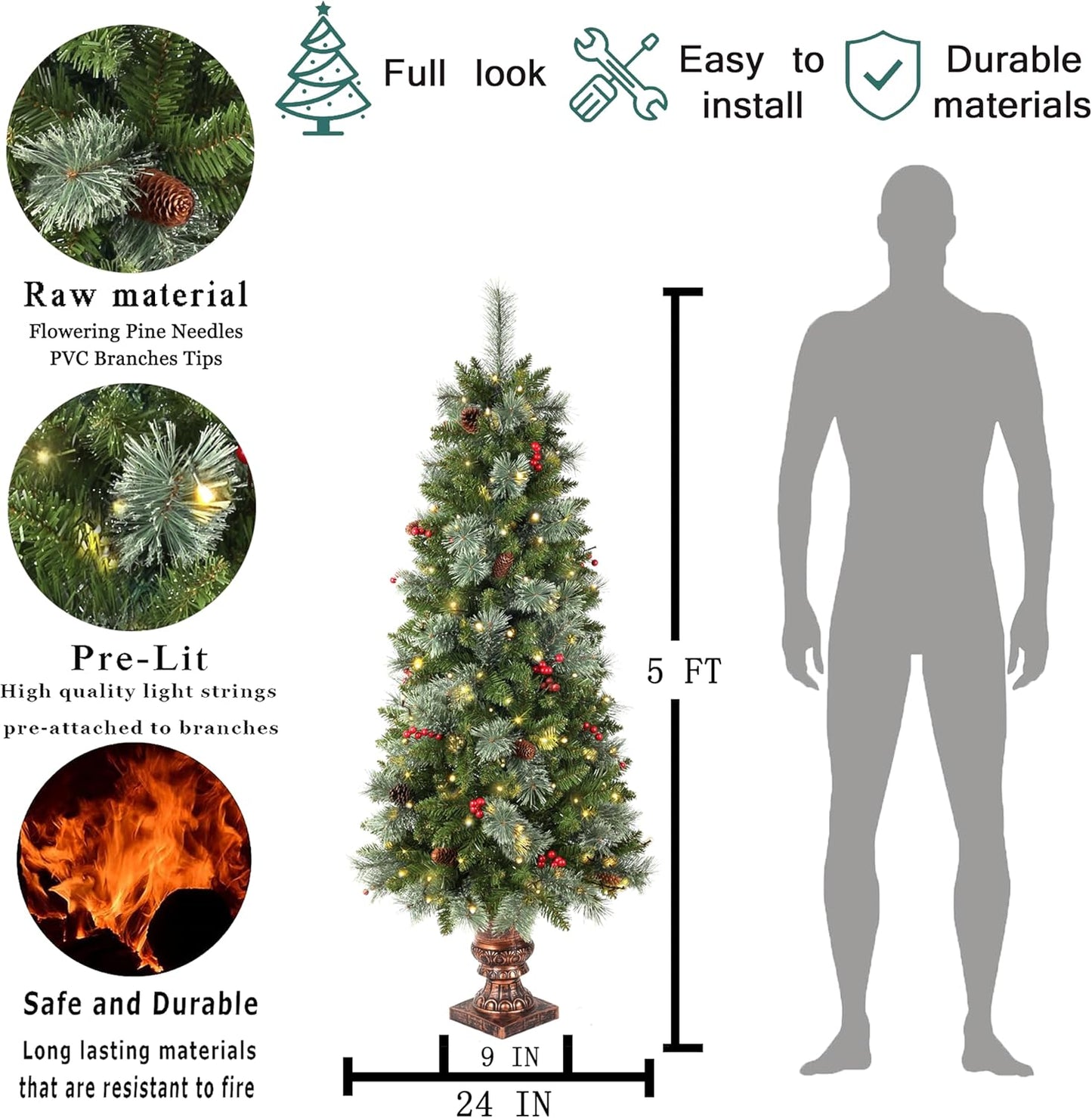 5ft Pre-lit Christmas Tree,Potted Artificial Pine Xmas Tree 300 Branches Tips,Decorated with 150 LED White Lights & 18 Red Berries & 14 Pinecone for Home or Office