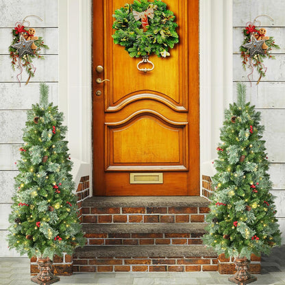 5ft Pre-lit Christmas Tree,Potted Artificial Pine Xmas Tree 300 Branches Tips,Decorated with 150 LED White Lights & 18 Red Berries & 14 Pinecone for Home or Office