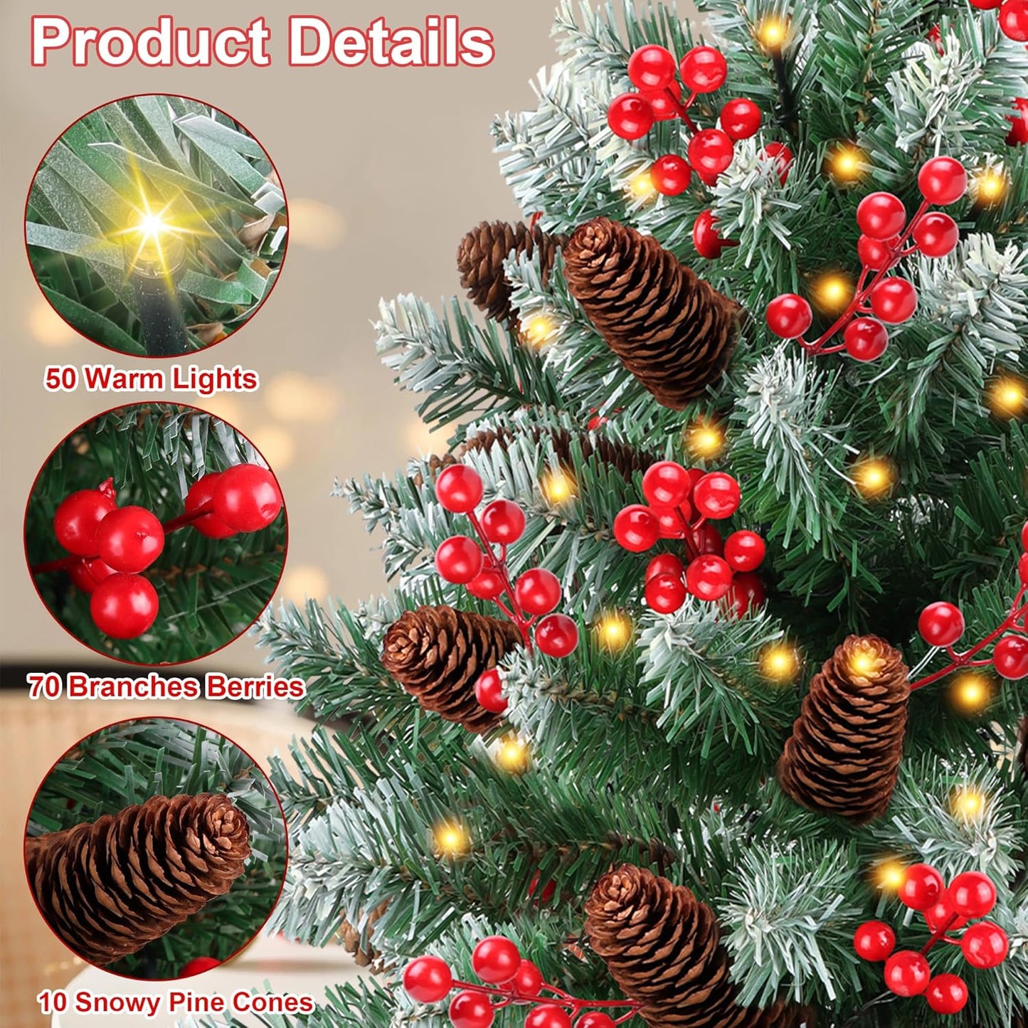 2 Pack 24 Inch Snow Flocked Prelit Christmas Tree Decor with 50 Warm Lights Red Berries Pine Cones, Artificial Tabletop Christmas Tree Battery Operated Small Xmas Pine Tree for Table Desk Home Decor