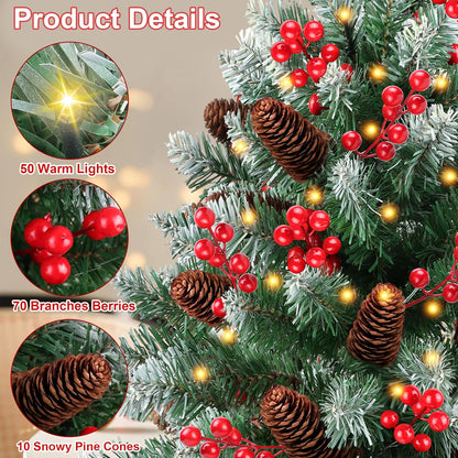 2 Pack 24 Inch Snow Flocked Prelit Christmas Tree Decor with 50 Warm Lights Red Berries Pine Cones, Artificial Tabletop Christmas Tree Battery Operated Small Xmas Pine Tree for Table Desk Home Decor