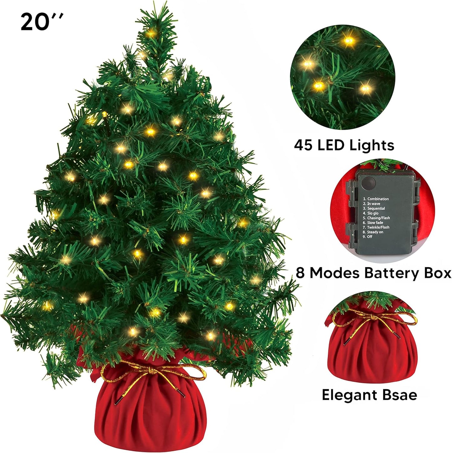 Joiedomi 20" Tabletop Mini Christmas Tree Prelit with 45 Clear LED Lights(8 Light Modes), Best Artificial Mini Christmas Tree for Home and Office Indoor Christmas Decorations
