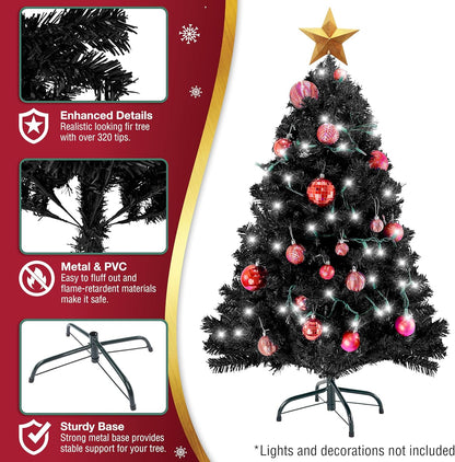 4ft Black Christmas Tree - Premium Hinged Artificial Small Christmas Tree, Canadian Fir Full Bodied 4 Feet Tree with 320 Tips, Lightweight and Easy to Assemble Holiday Décor Tree with Metal Stand