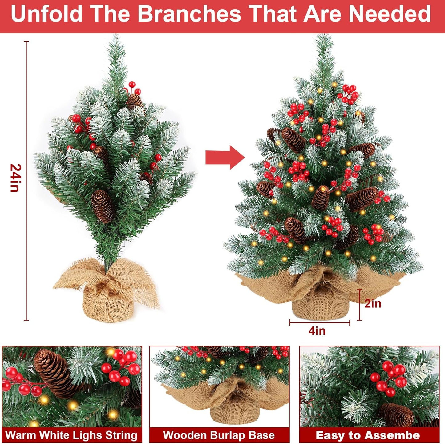 2 Pack 24 Inch Snow Flocked Prelit Christmas Tree Decor with 50 Warm Lights Red Berries Pine Cones, Artificial Tabletop Christmas Tree Battery Operated Small Xmas Pine Tree for Table Desk Home Decor