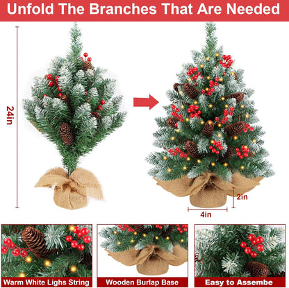 2 Pack 24 Inch Snow Flocked Prelit Christmas Tree Decor with 50 Warm Lights Red Berries Pine Cones, Artificial Tabletop Christmas Tree Battery Operated Small Xmas Pine Tree for Table Desk Home Decor