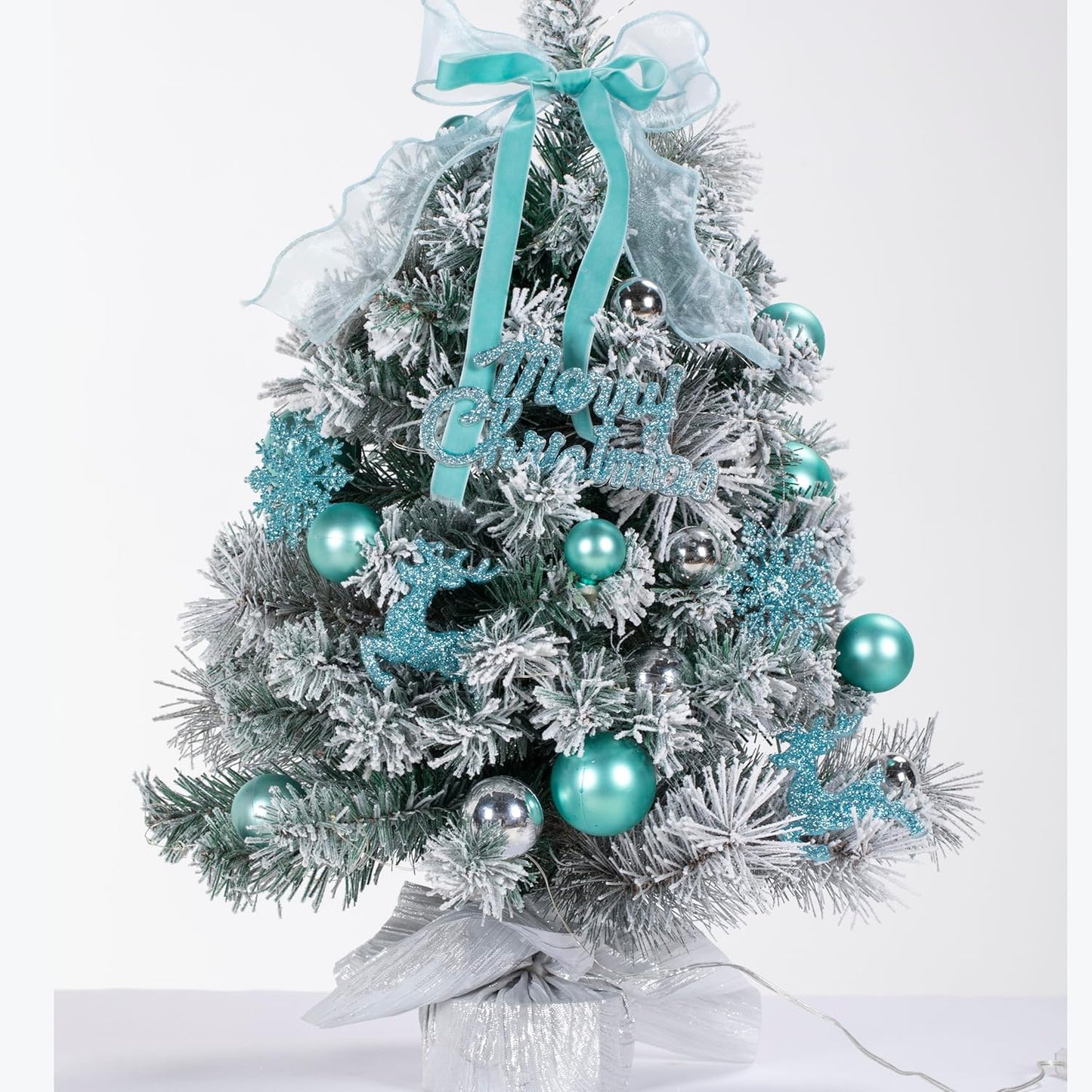 24” Tabletop Christmas Tree, Pre-lit Mini Christmas Tree Set w/String Lights, Timer, Accessories, Fluffy Small Tree, Xmas Holiday Home Decoration DIY (Blue)