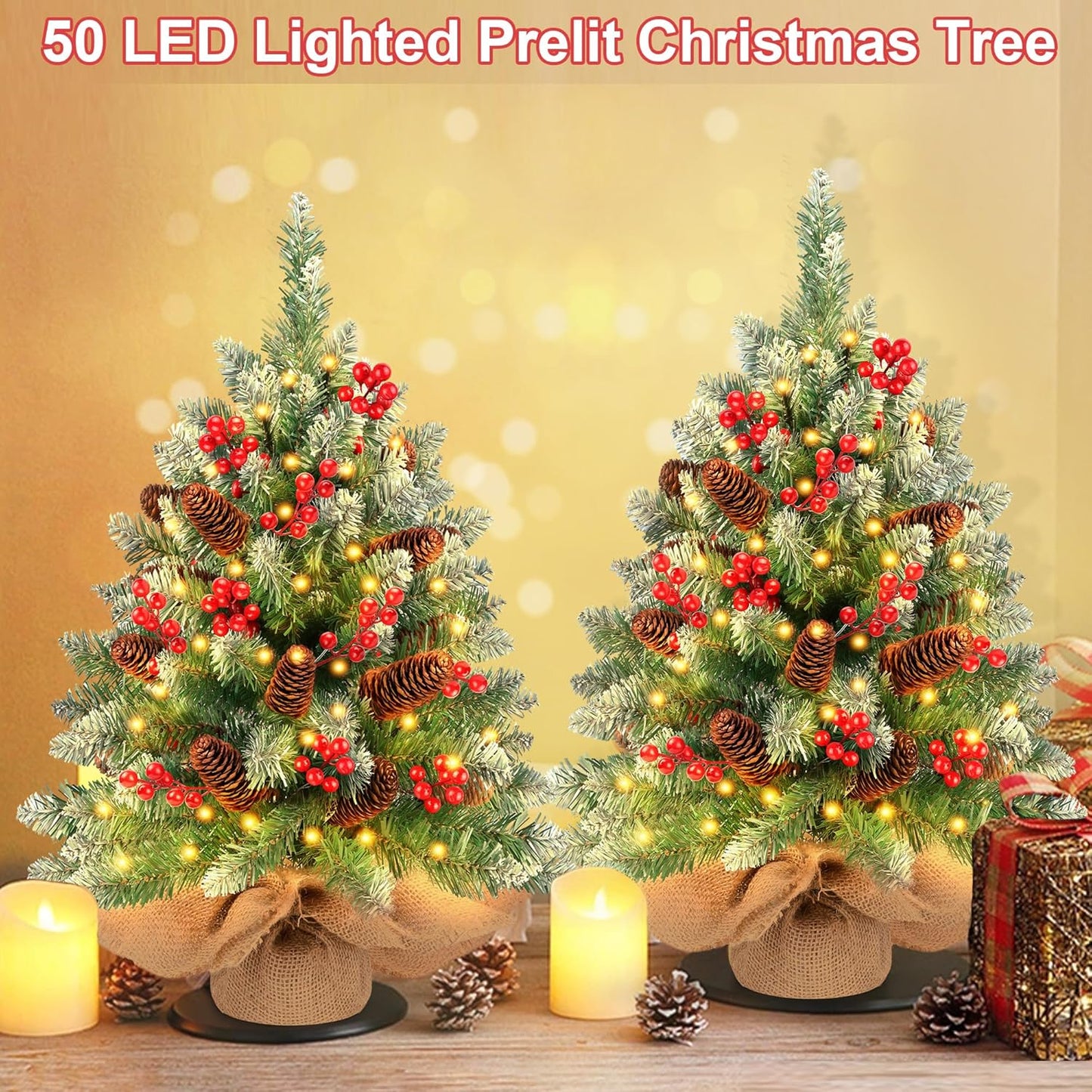 2 Pack 24 Inch Snow Flocked Prelit Christmas Tree Decor with 50 Warm Lights Red Berries Pine Cones, Artificial Tabletop Christmas Tree Battery Operated Small Xmas Pine Tree for Table Desk Home Decor