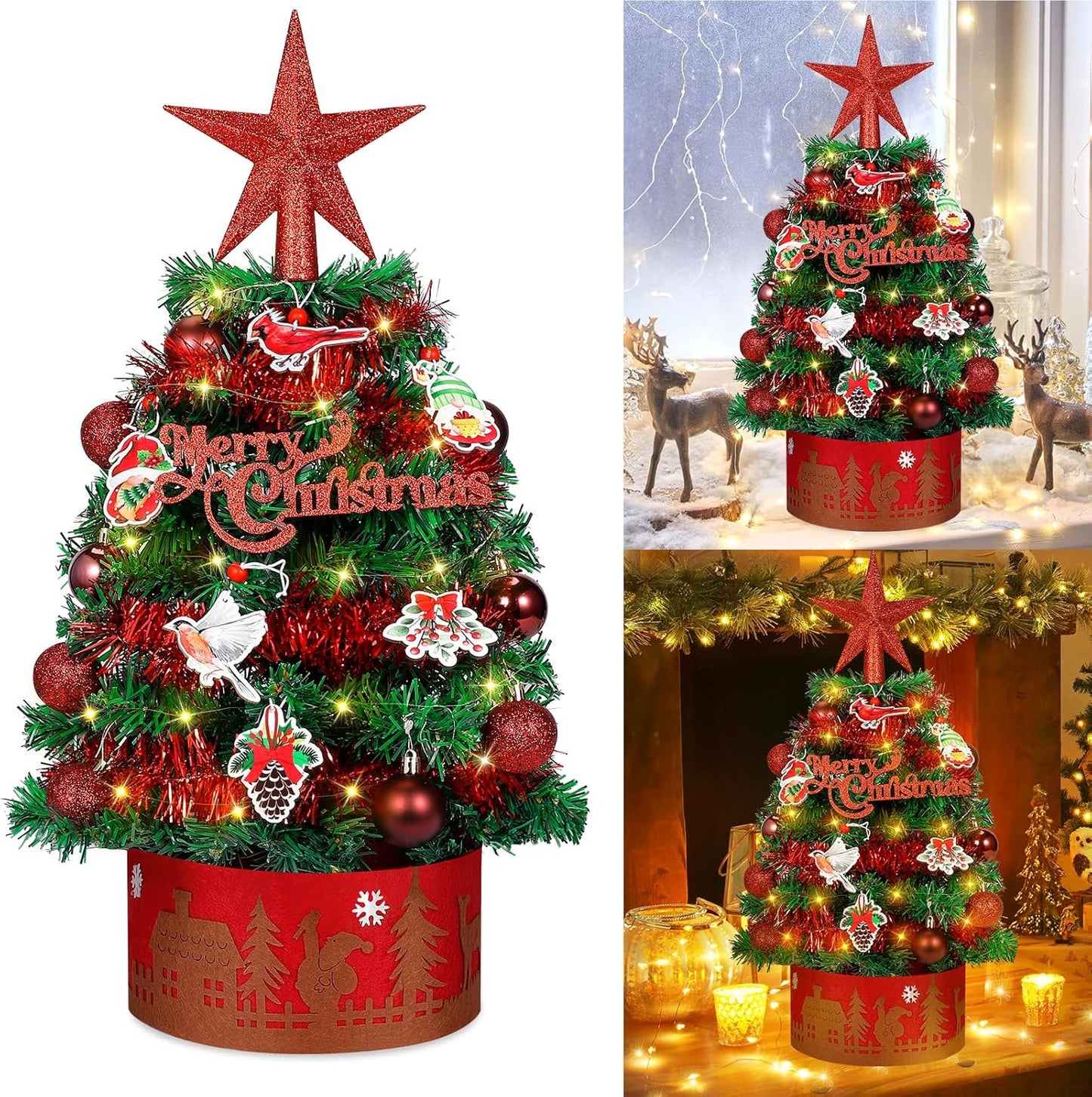 24 Inch Artificial Tabletop Mini Christmas Tree Green, Small Xmas Tree with String Lights and Ornaments for Home Desk Holiday DIY Christmas Decoration