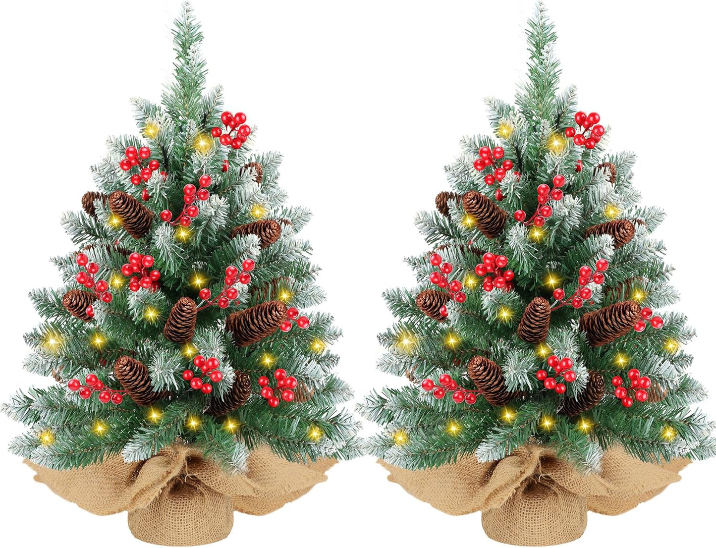 2 Pack 24 Inch Snow Flocked Prelit Christmas Tree Decor with 50 Warm Lights Red Berries Pine Cones, Artificial Tabletop Christmas Tree Battery Operated Small Xmas Pine Tree for Table Desk Home Decor