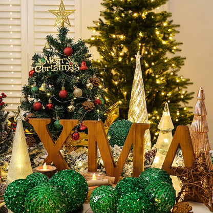 XmasExp 20" Tabletop Mini Christmas Tree Set with 2 LED Lights, Star Treetop,Ornaments Balls,Bells and Pine Cones,Best DIY Christmas Decorations Green