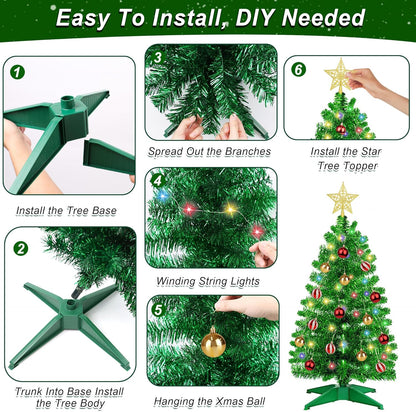 [ 12 Light Modes & Timer ] 3 FT Green Tinsel Christmas Tree with 50 Warm White & Multi Color Fariy Light 3D Star 15 Ball Ornament, Artificial Christmas Tree Pencil Full Tree Xmas Holiday Decor Indoor