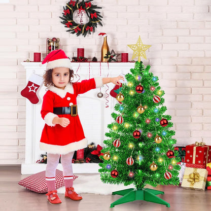 [ 12 Light Modes & Timer ] 3 FT Green Tinsel Christmas Tree with 50 Warm White & Multi Color Fariy Light 3D Star 15 Ball Ornament, Artificial Christmas Tree Pencil Full Tree Xmas Holiday Decor Indoor