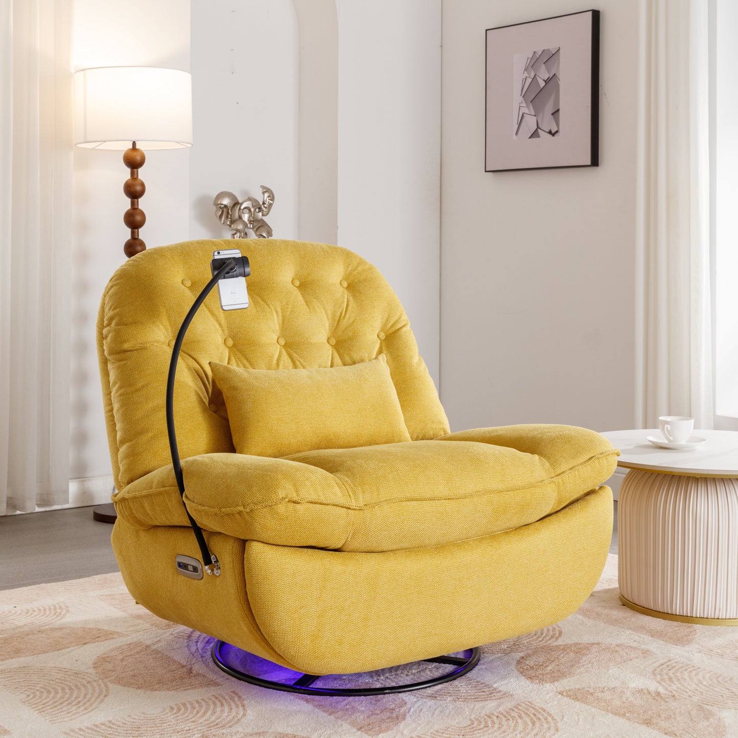 270 Degree Swivel Power Recliner with Voice Control, Bluetooth Music Player,USB Ports, Atmosphere Lamp, Hidden Arm Storage and Mobile Phone Holder for Living Room, Bedroom, Apartment, Yellow