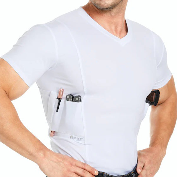 Mens Crew Neck Holster Shirt White - Extra Zipper Pocket