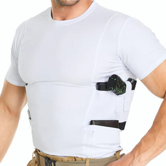 Mens Crew Neck Holster Shirt White - Extra Zipper Pocket