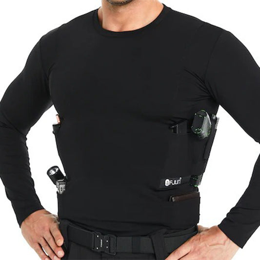 Mens Crew Neck Long Sleeve Holster Shirt Plus Extra Pocket （Black）