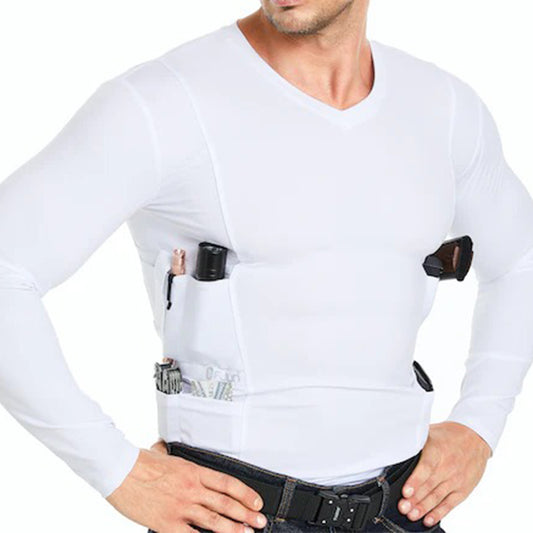 Mens V-Neck Long Sleeve Holster Shirt Plus Extra Pocket（White）
