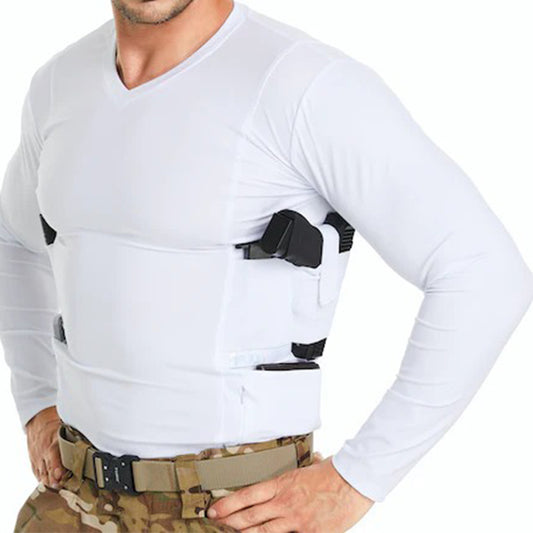 Mens V-Neck Long Sleeve Holster Shirt- Extra Zipper Pocket（White）