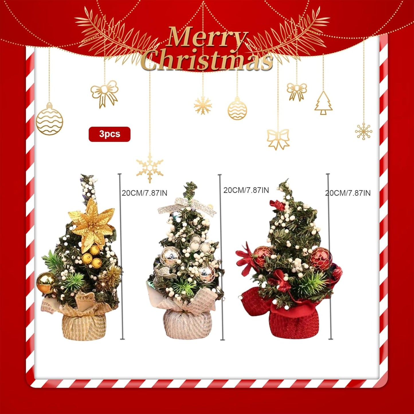 3Pieces Mini Christmas Tree 3 Color 7.87 Inch Self-Standing Tabletop Christmas Tree with Ornaments Decorative PVC Christmas Tree for Home, Office, Mantel, Mall